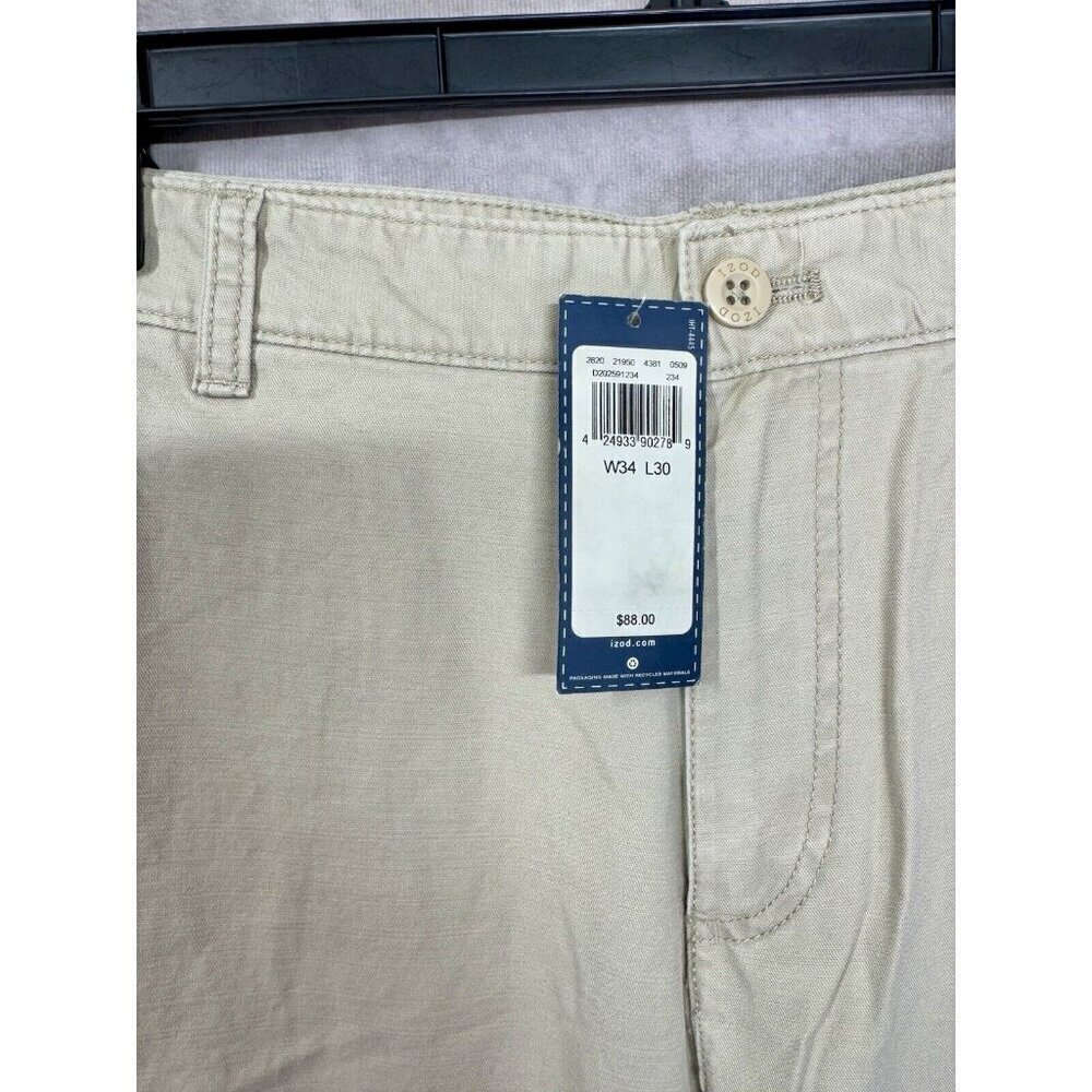 IZOD Pants Mens 34x30 Beige Khaki Soft Wash Perfection Cargo 100% Cotton NEW - Picture 2 of 9